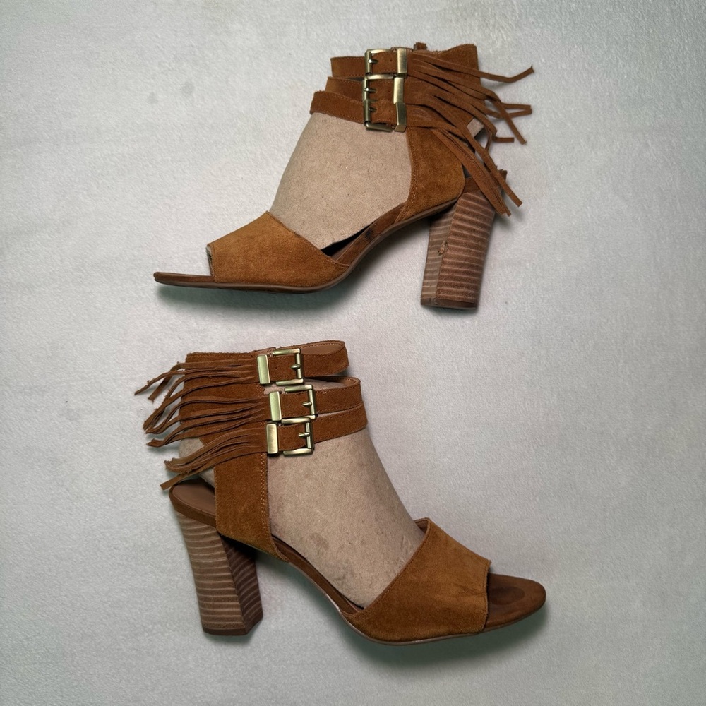 Franco Sarto Suede Heels Sandals with Fringe Western Design